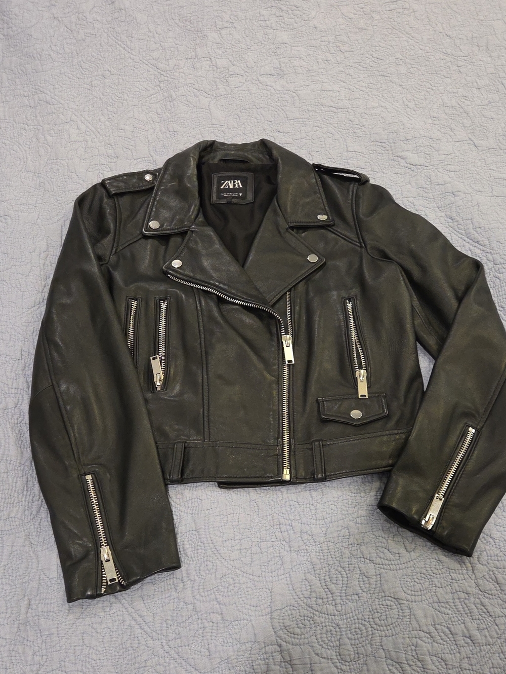 🔥🔥 ZARA Women's Black Sheep Leather Moto Jacket with Silver Hardware Size XL!